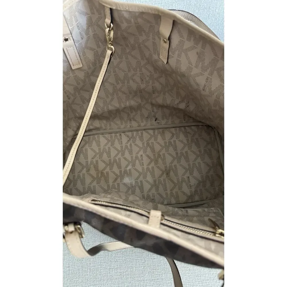 ⁠Michael Kors Tote Bag Brown Signature Monogram Large Purse Gold Charm Jet Set